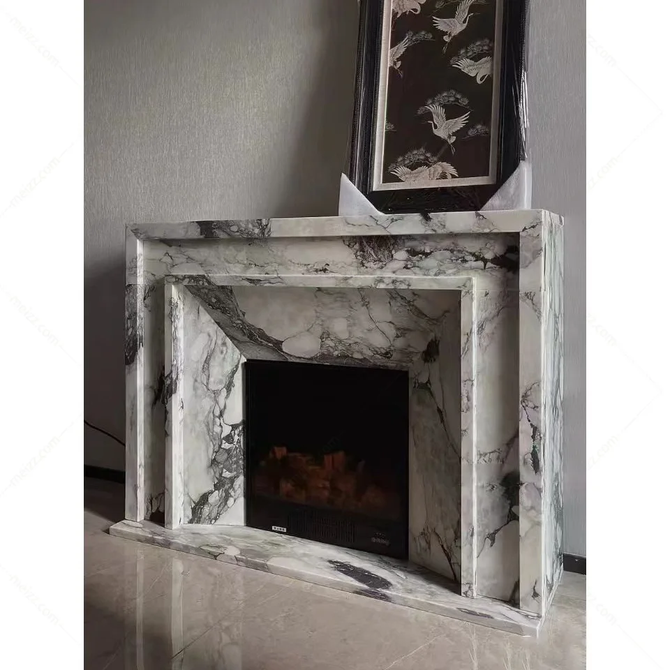 white and grey marble fire surround