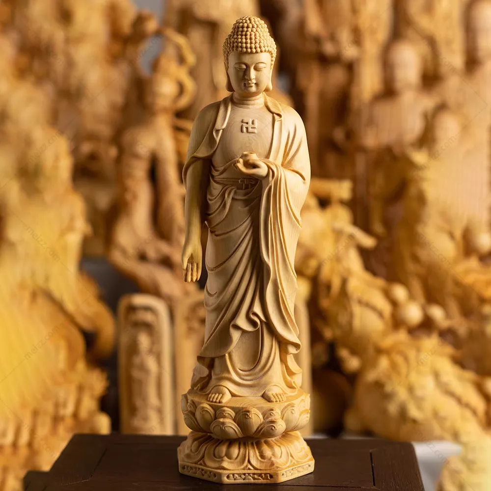 wooden standing buddha statue