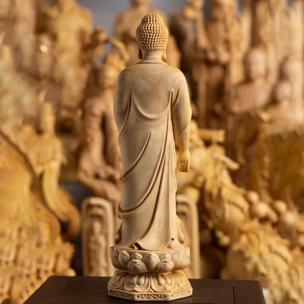 wooden standing buddha statue